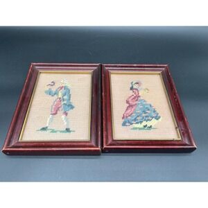 Vintage Framed Needlepoint Pair‎ Colonial Man and Woman in Rosewood Frames